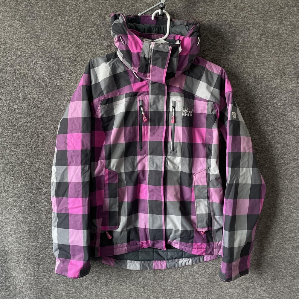 Mountain Hardwear Jacket Womens Small Pink Gray Plaid Hooded Ski Insulated DRY.Q